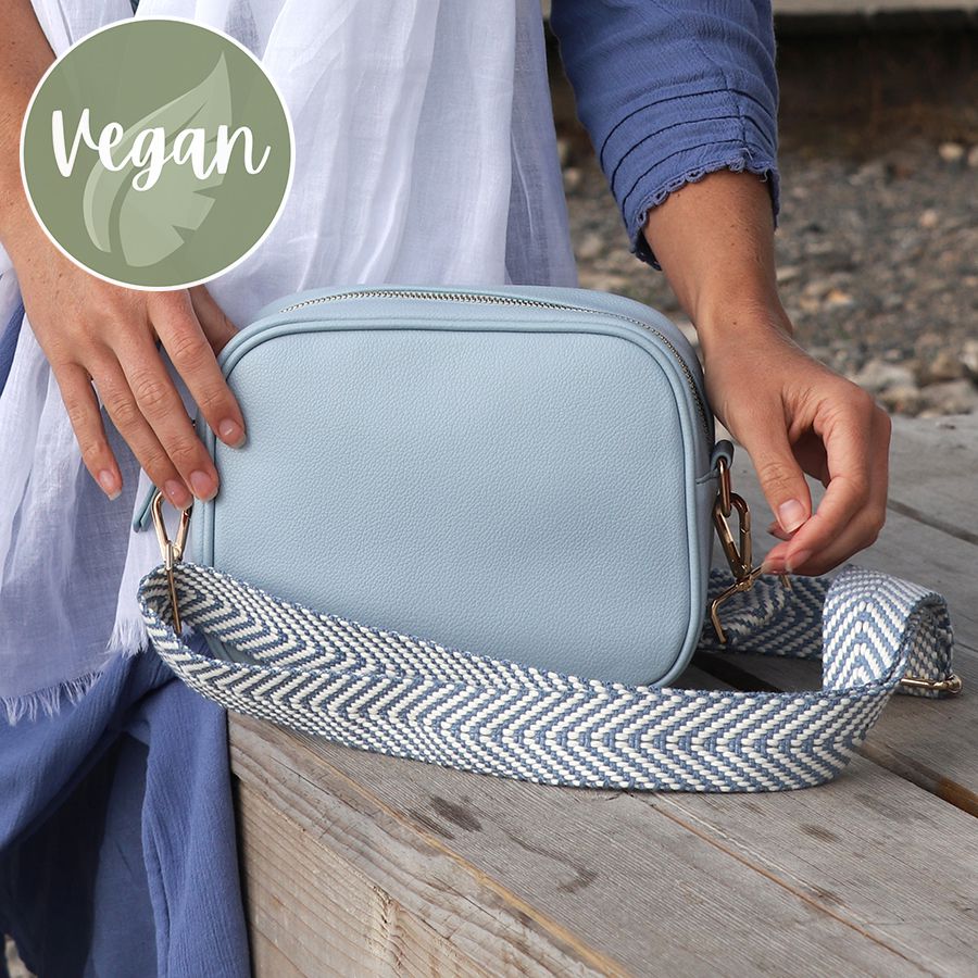 Baby Blue Vegan Leather Crossbody Bag With Chevron Strap
