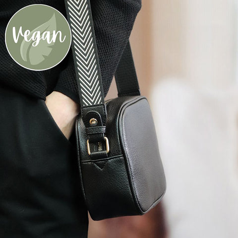 Black Vegan Leather Crossbody Bag With Gold/Black Chevron Strap