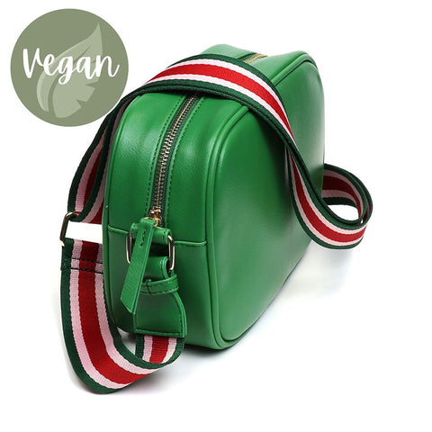 Green Vegan Leather Crossbody Bag With Striped Strap
