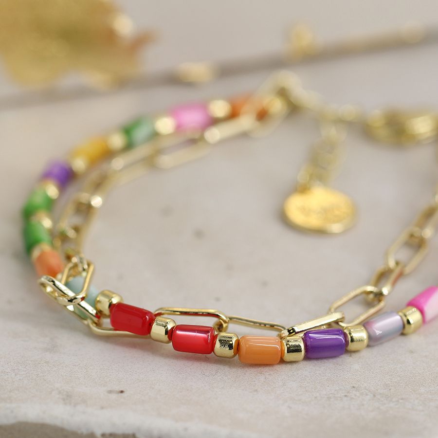 Rainbow Shell & Gold Plated Chain Bracelet