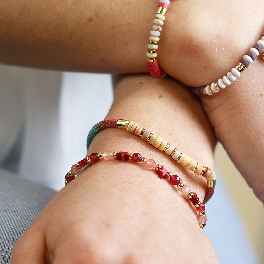 Pink Yellow & Blue Mix Cord Bracelet with Semi-Precious & Brass Beads