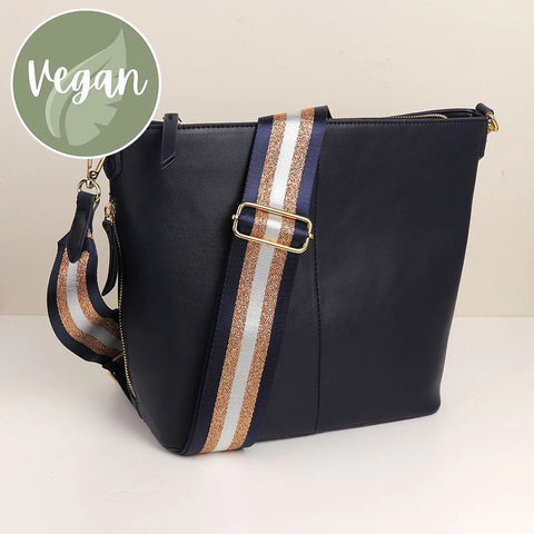 Classic Navy Vegan Leather Crossbody Bag With Navy & Gold Striped Strap