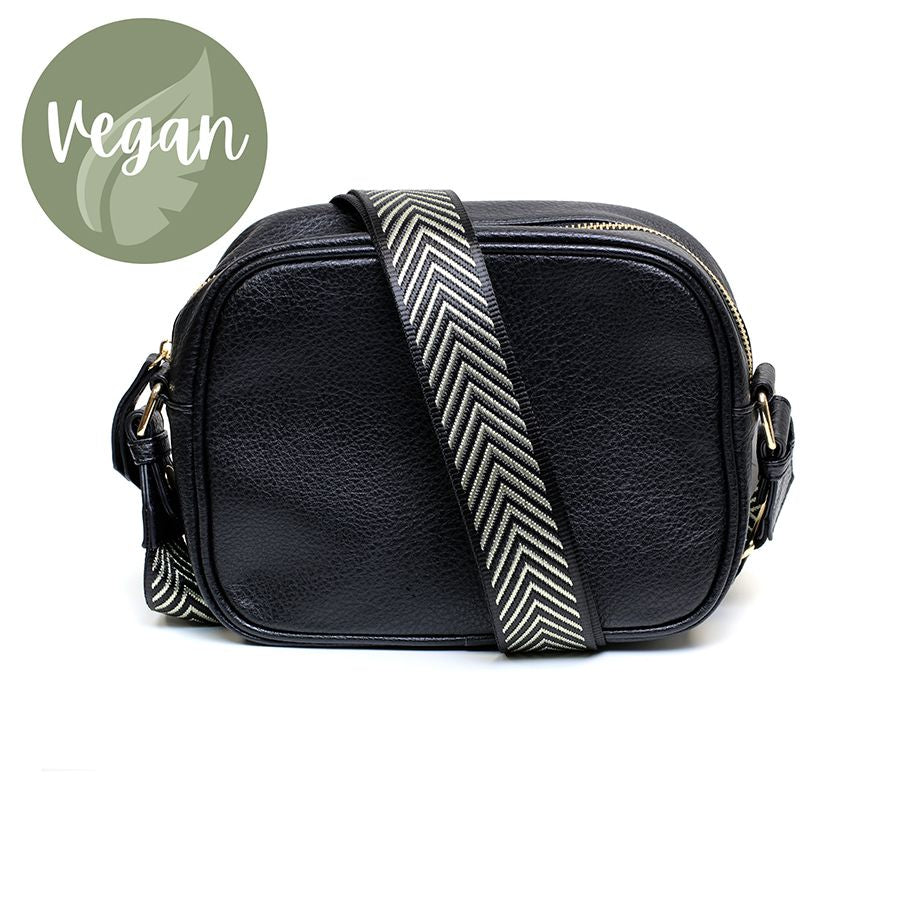 Black Vegan Leather Crossbody Bag With Gold/Black Chevron Strap
