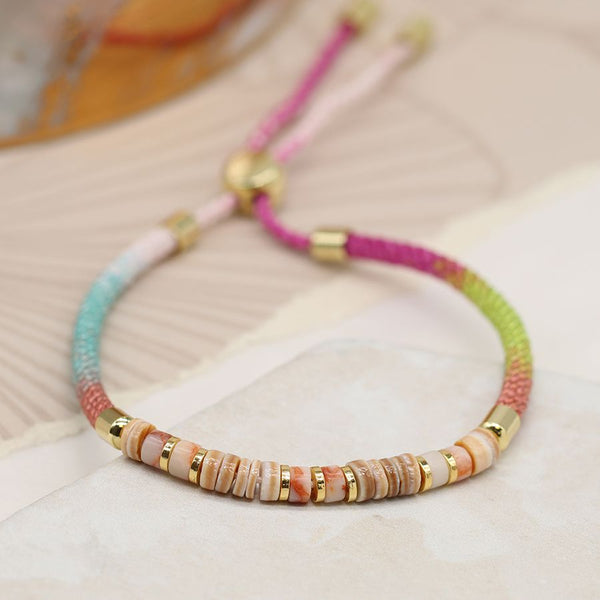 Pink Yellow & Blue Mix Cord Bracelet with Semi-Precious & Brass Beads