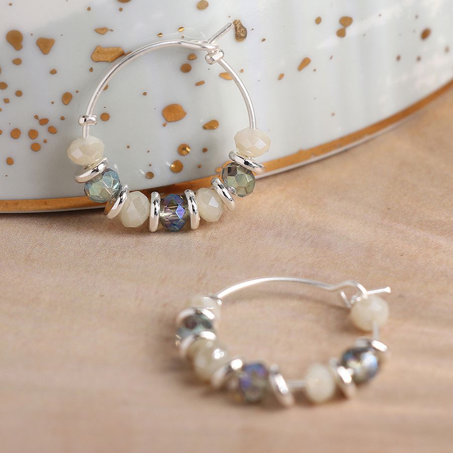 Silver Plated Wire Hoop & Blue Bead Earrings