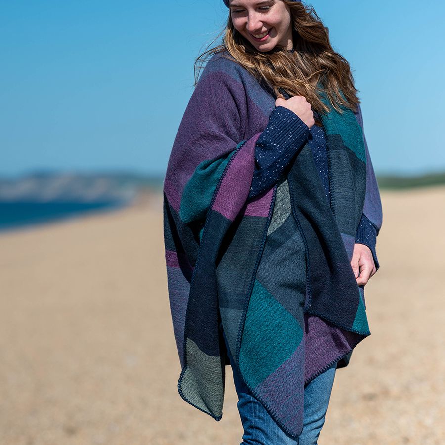 Teal, Aqua & Purple Colour Block Poncho Wrap