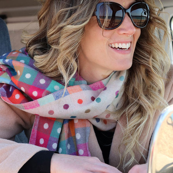 Cream Reversible Multicoloured Spot & Check Scarf