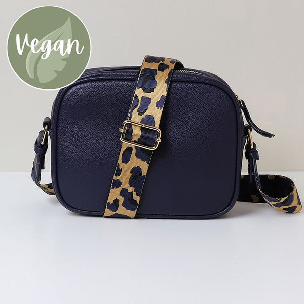 Navy Vegan Leather Crossbody Bag With Animal Print Strap
