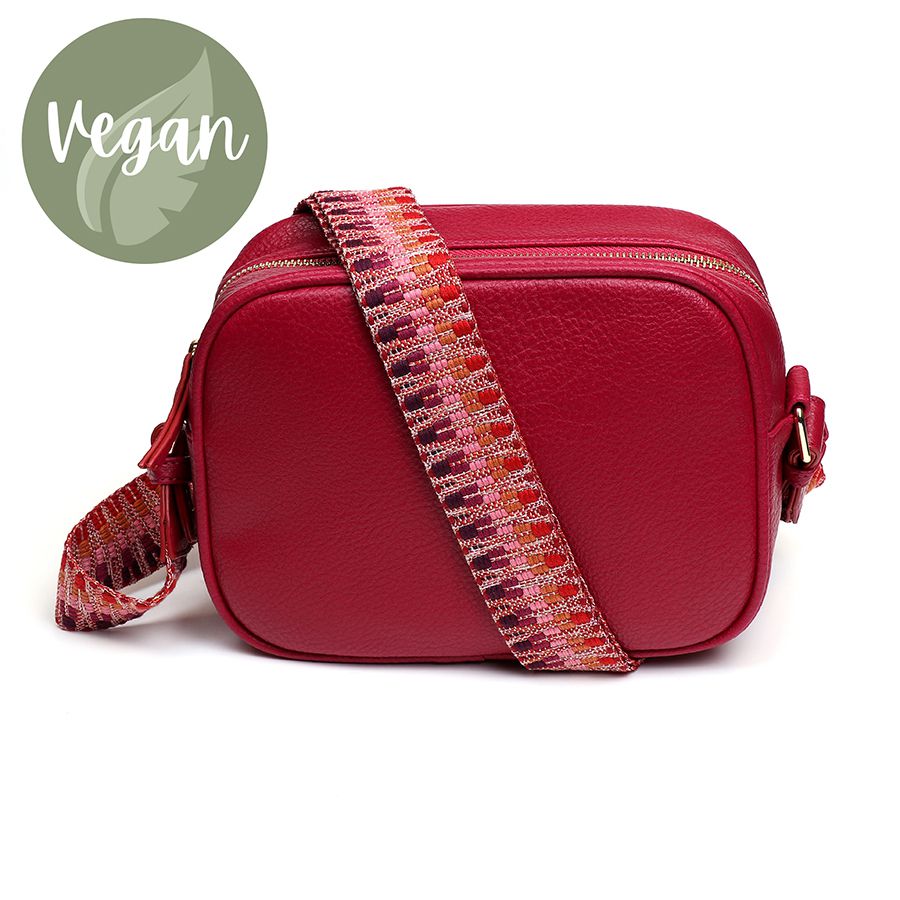 Red Vegan Leather Crossbody Bag With Zigzag Strap