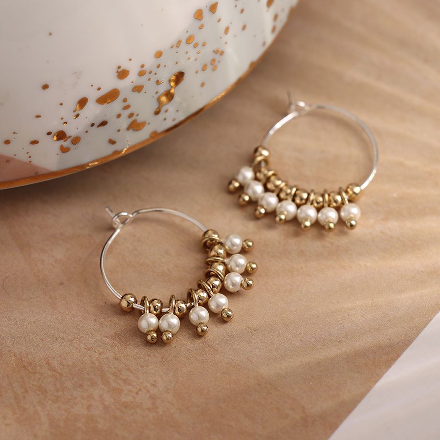 Silver Plated Wire Hoop Earrings With Golden Beads & Pearls