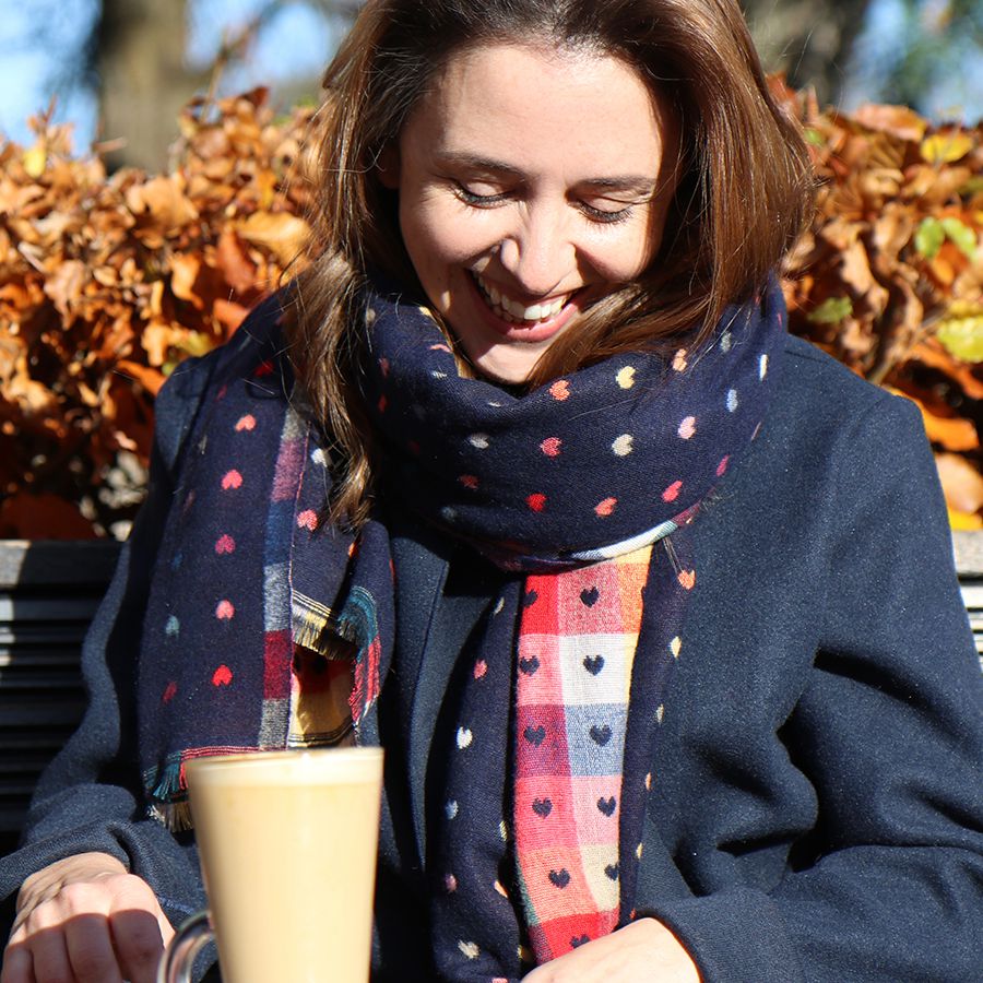 Blue Navy Reversible Multicoloured Heart & Check Scarf