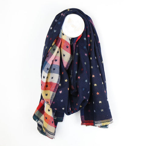 Blue Navy Reversible Multicoloured Star & Check Scarf