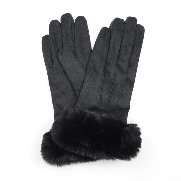 Black Suede Gloves With Faux Fur Trim