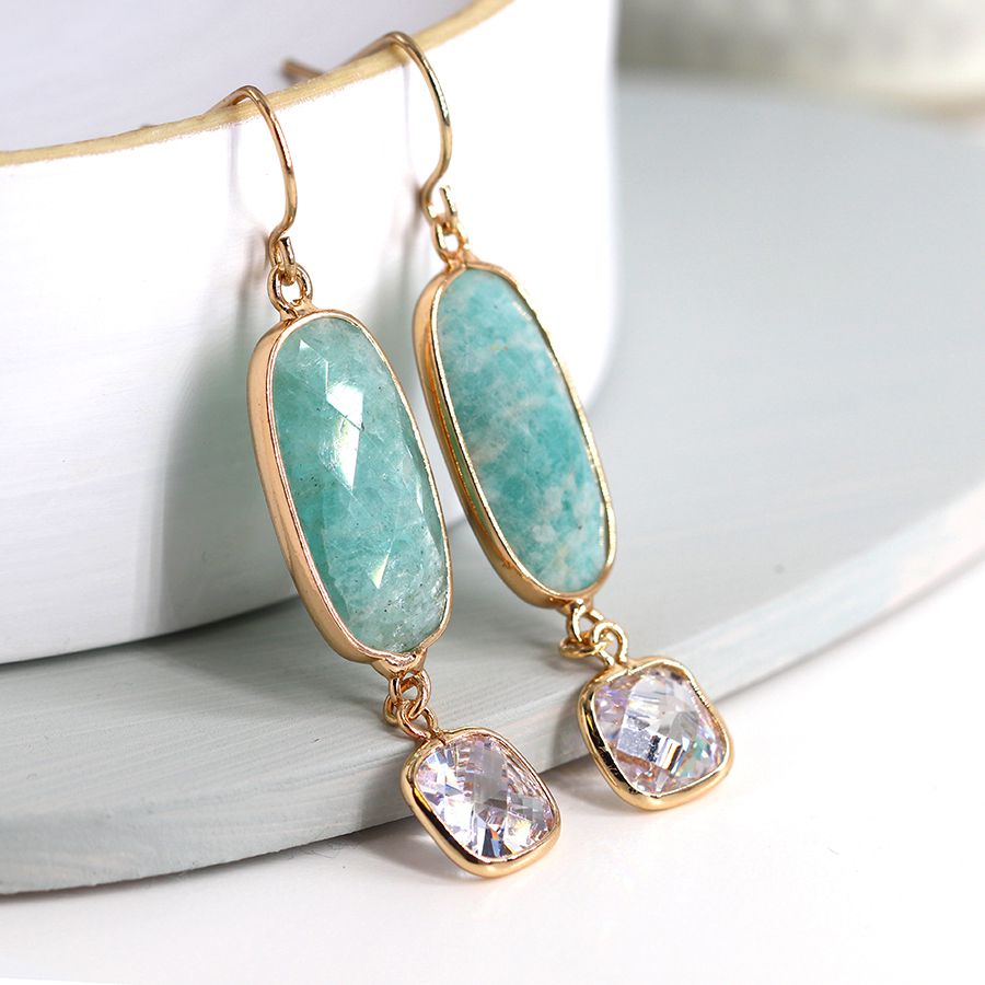 Gold, Aqua & Crystal Drop Earrings