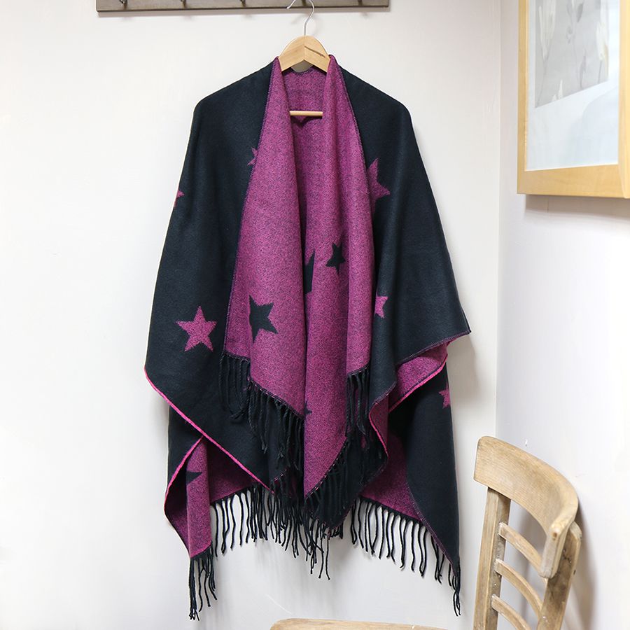 Navy & Pink Reversible Star Fringed Poncho Wrap