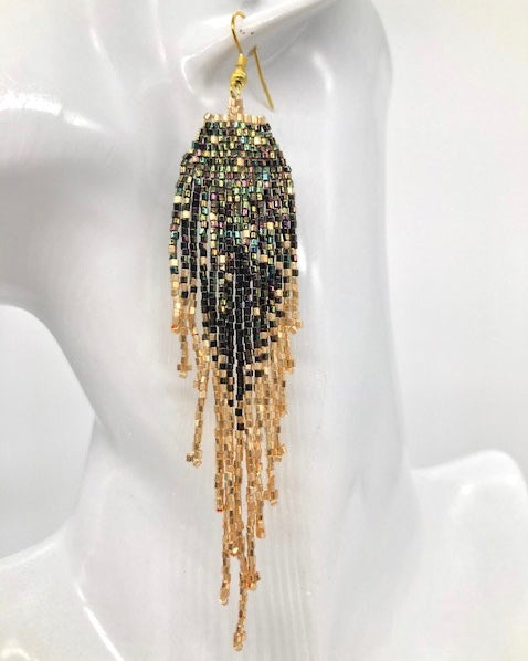Iridescent Forest Green & Gold Shimmer Beaded Earrings