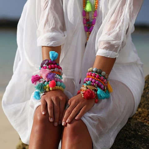 Green/Pink Rainbow Tassel Bracelet