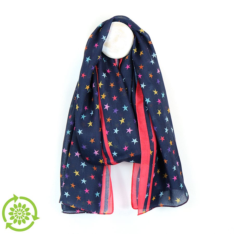 Recycled Navy Scarf With Coral Border & Star Print