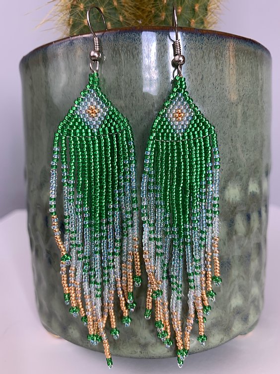Grass Green Aqua & Gold Beaded Earrings