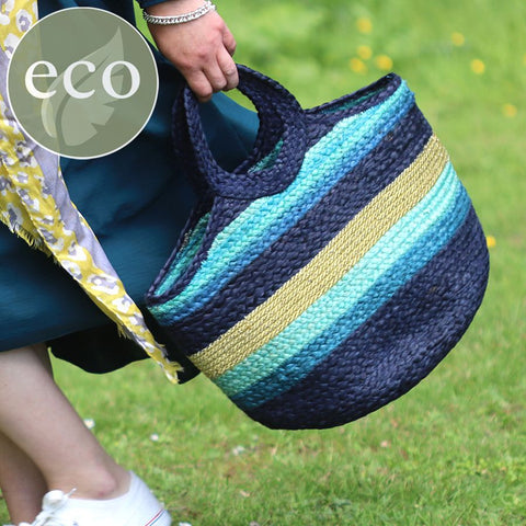 Navy, Aqua Blue & Gold Striped Jute Bag