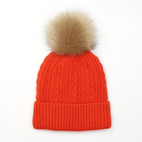 Orange Cable Knit Faux Fur Bobble Hat