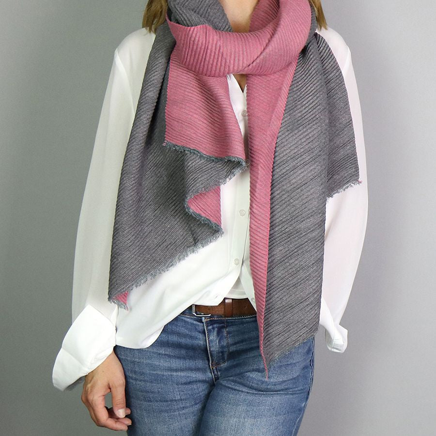 Pink And Grey Pleated Reversible Scarf