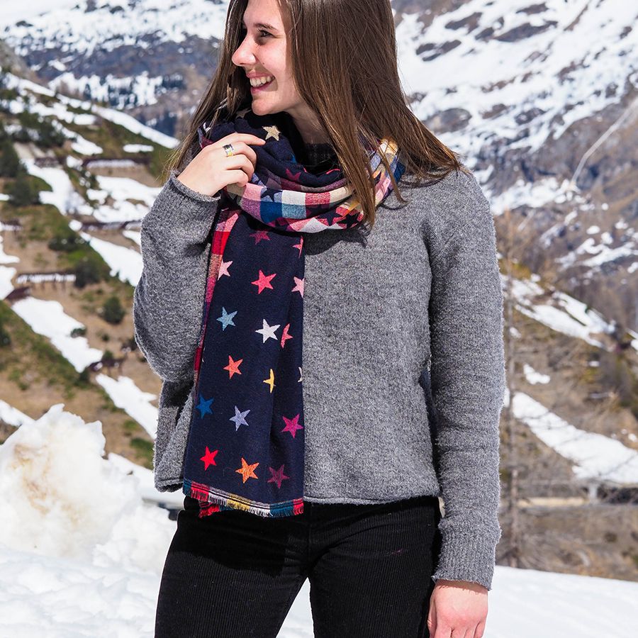 Blue Navy Reversible Multicoloured Star & Check Scarf