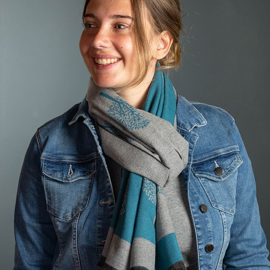 Teal and Grey Reversible Jacquard Tree Scarf