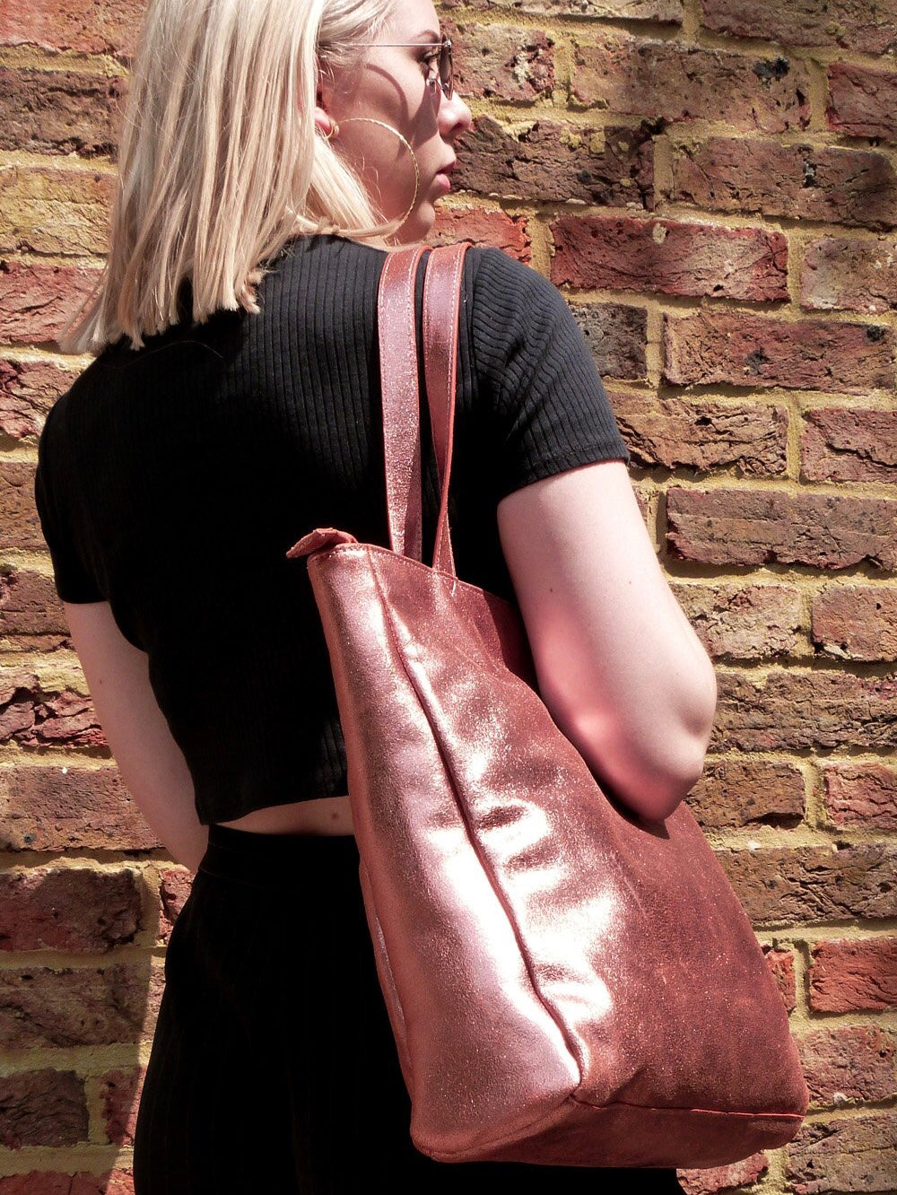 Rose gold top leather tote bag