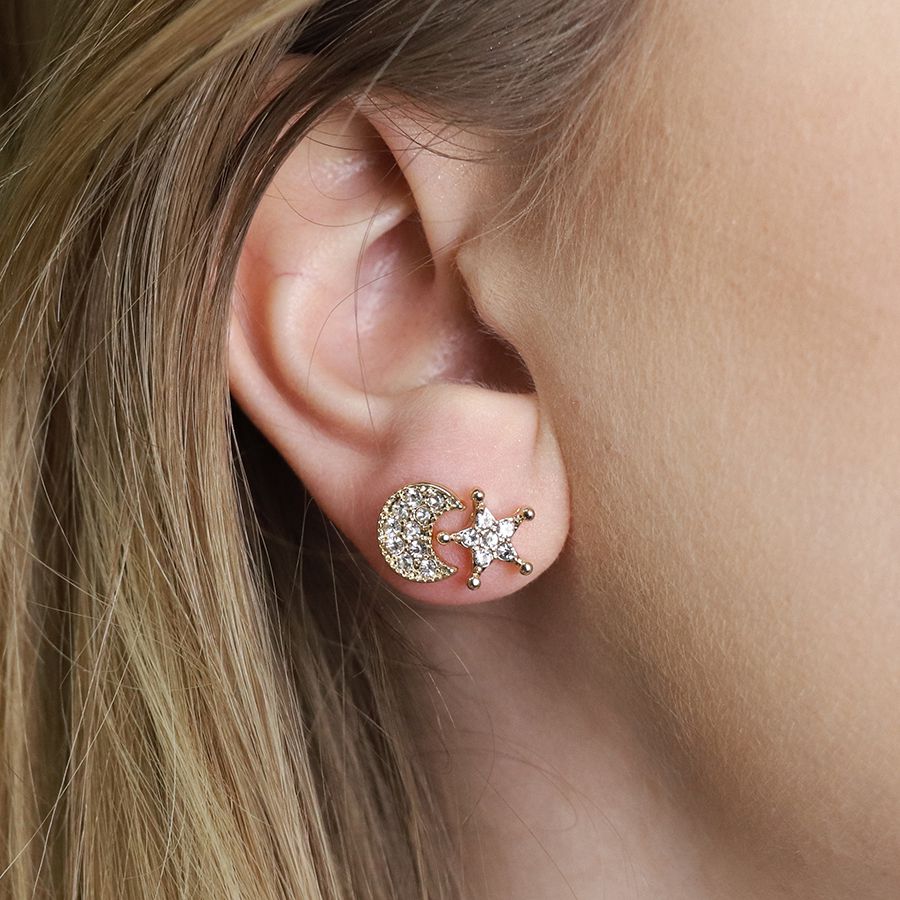 Gold Star & Moon Crystal Stud Earrings