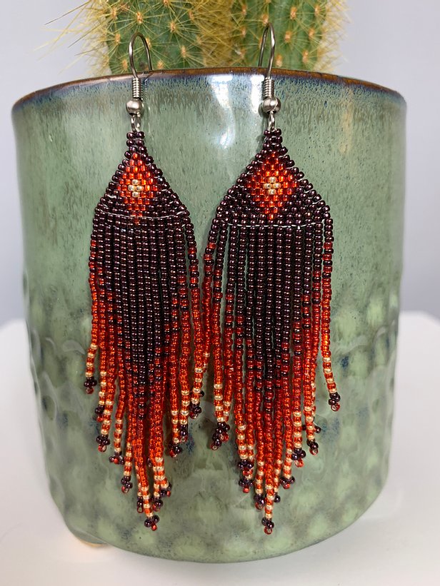 Metallic Burgundy Red Orange & Gold Beaded Earrings