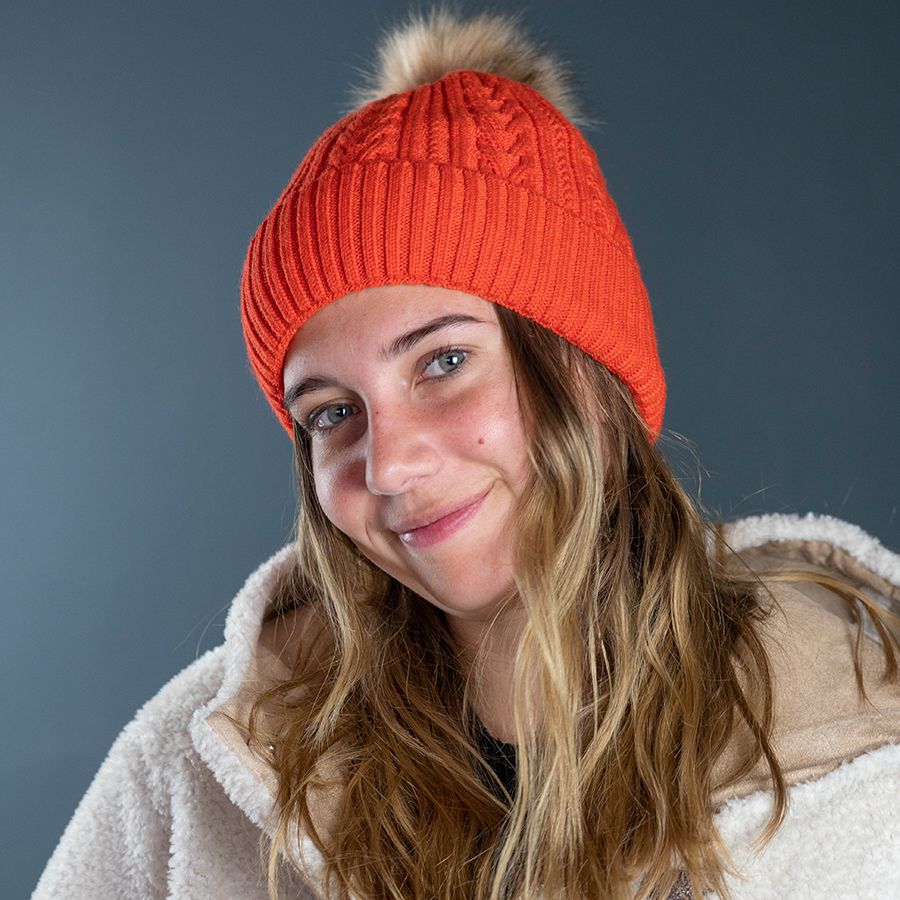 Orange Cable Knit Faux Fur Bobble Hat