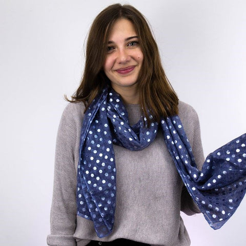 Washed Denim Blue Scarf With Metallic Silver Polka Dot Print