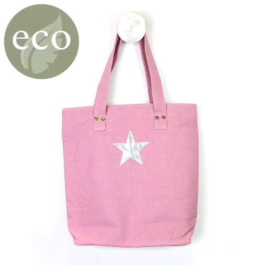 Pink Cotton Tote Bag With Silver Star