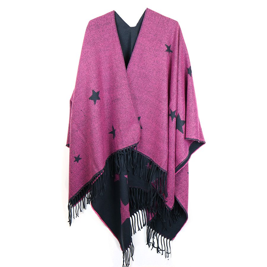 Navy & Pink Reversible Star Fringed Poncho Wrap