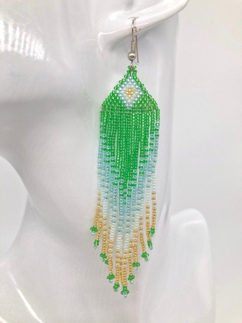 Grass Green Aqua & Gold Beaded Earrings