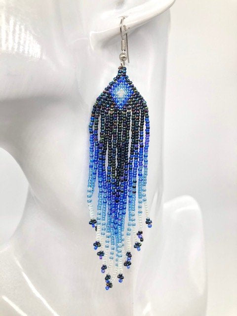 Iridescent Navy & Baby Blue Beaded Earrings