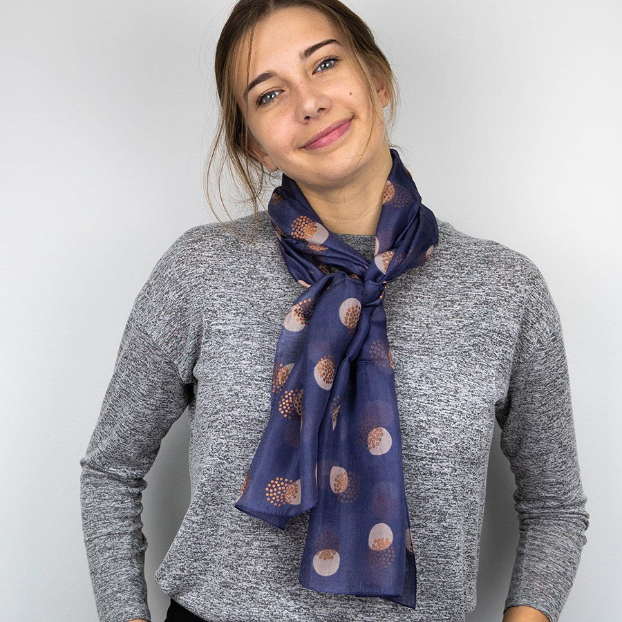 Blue Grey And Copper Spotted Hand Printed Silk Scarf