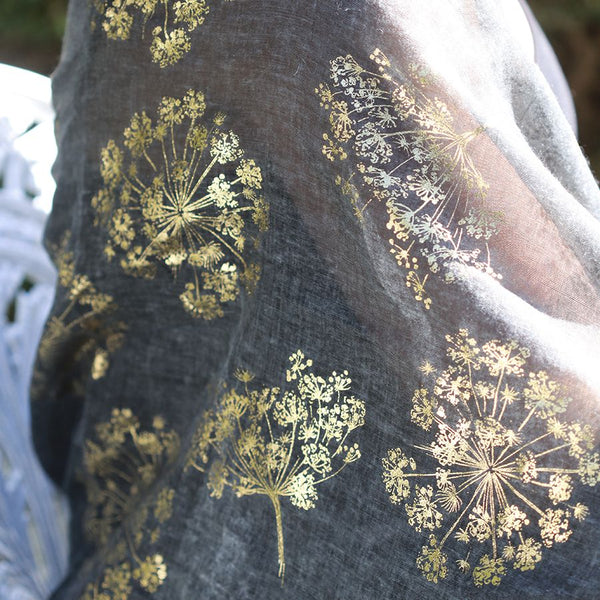 Charcoal Scarf with Gold Foil Cow Parsley Print