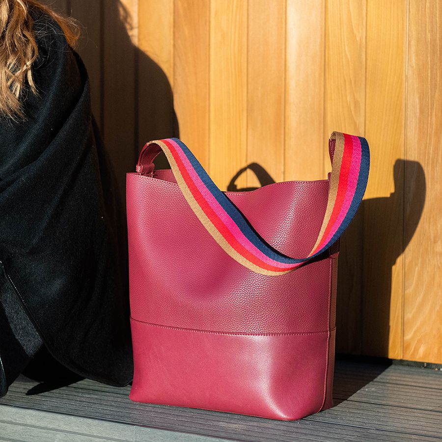 Red Vegan Leather Shoulder Bag With Striped Strap