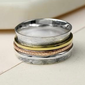 Sterling Silver Brushed Spinning Ring With Triple Bands