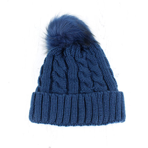 Blue Navy Cable Knit Faux Fur Bobble Hat