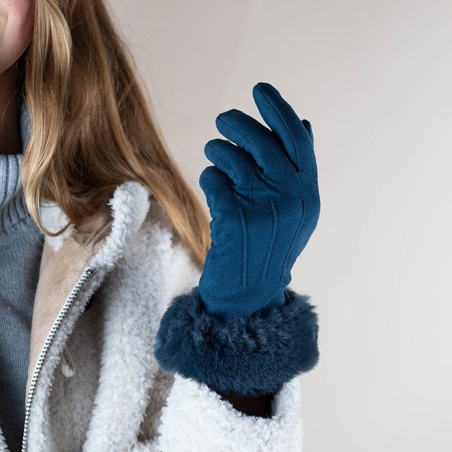 Teal Suede Gloves With Faux Fur Trim