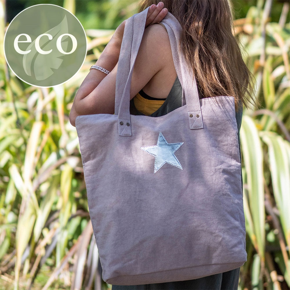 Grey Cotton Tote Bag With Silver Star