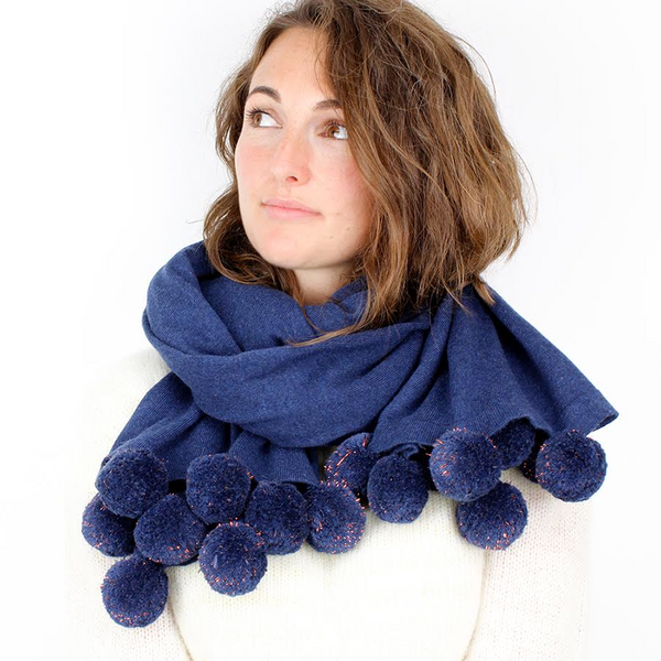 Blue Wrap Scarf With Copper Tinted Pom Poms