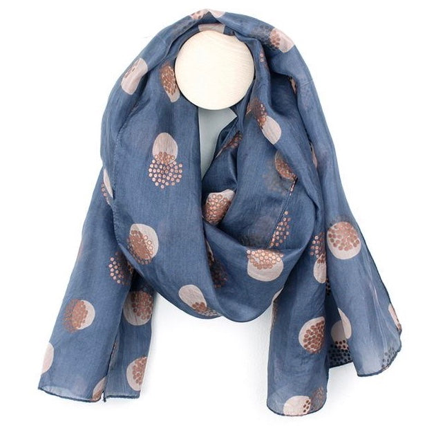 Blue Grey And Copper Spotted Hand Printed Silk Scarf