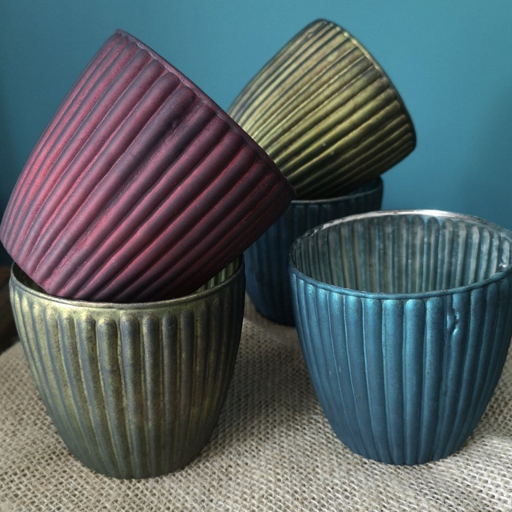 Matt Teal Ribbed Beaker Votive Small