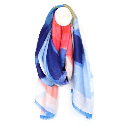 Blue, Coral & White Abstract Print Scarf
