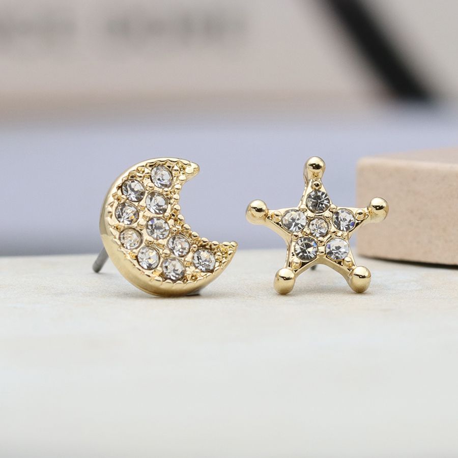 Gold Star & Moon Crystal Stud Earrings