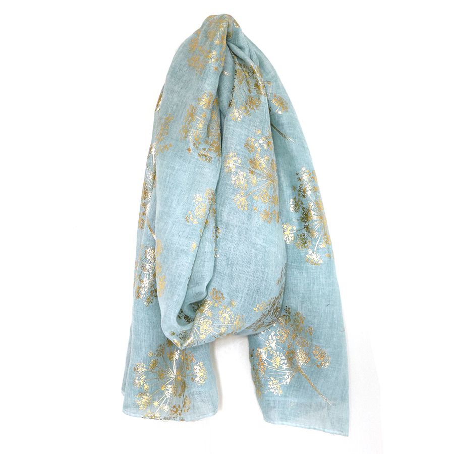 Soft Duck Egg Scarf with Gold Foil Cow Parsley Print